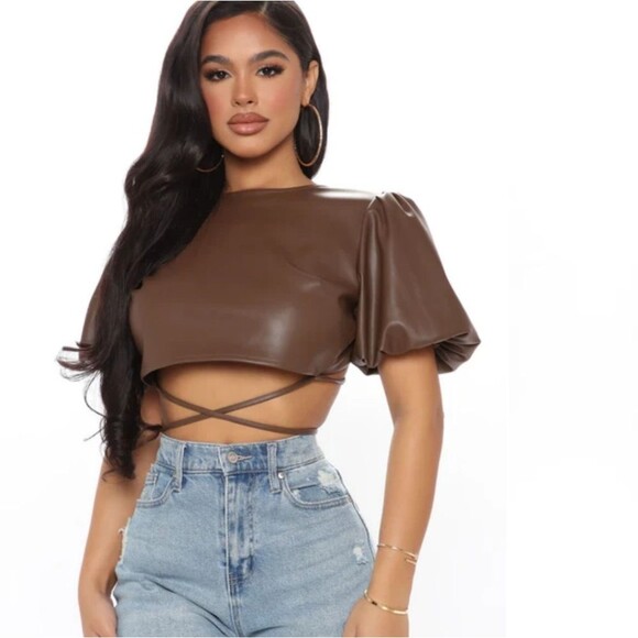 Kirious NWT Come Across It Faux Leather Crop Top, Puff Sleeves, Brown, M - Picture 8 of 11